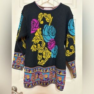 Vtg Sweater Black pink Teal Gold Rose shimmery size S Beauty and the bea…
